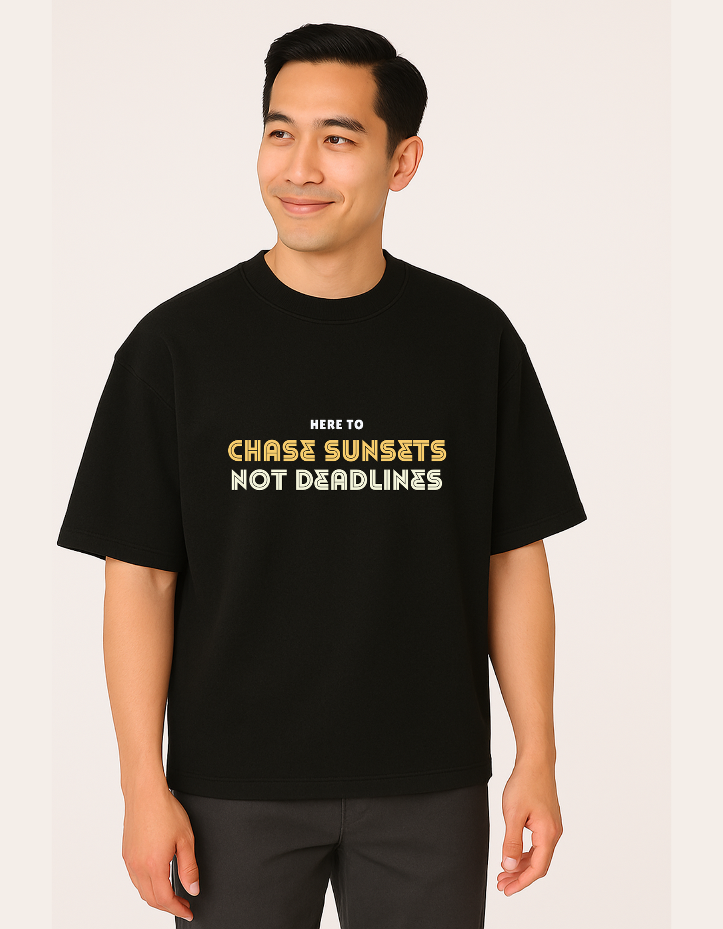 Here To Chase Sunsets, Not Deadlines - The Travel Edition Luxe Terry Cotton Round Neck Oversized T-shirt