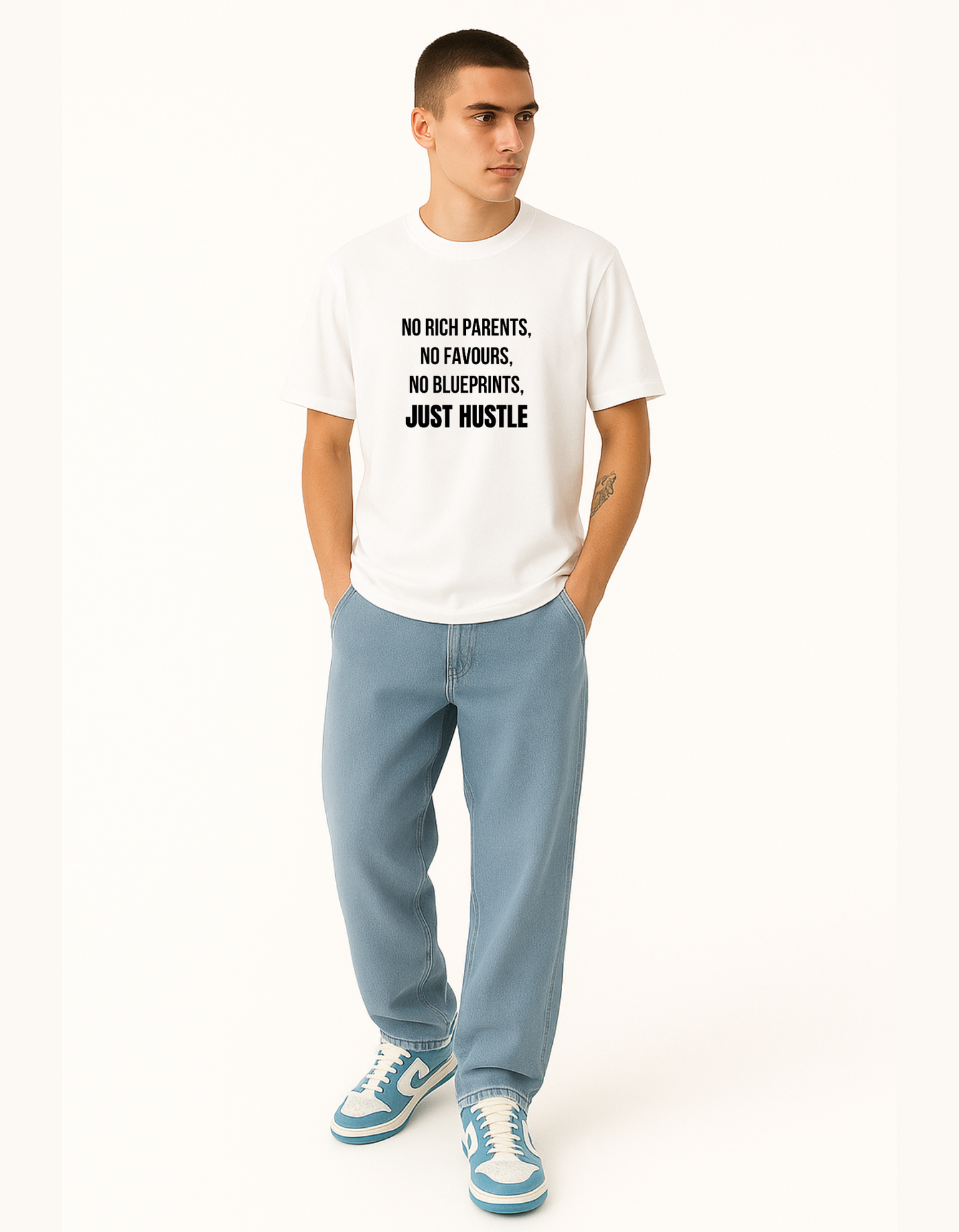 No Rich Parents, No Favours, No Blueprints, Just Hustle - Premium Cotton Round Neck Casual Oversized T-shirt