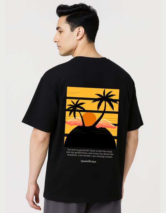Here To Chase Sunsets, Not Deadlines - The Travel Edition Luxe Terry Cotton Round Neck Oversized T-shirt