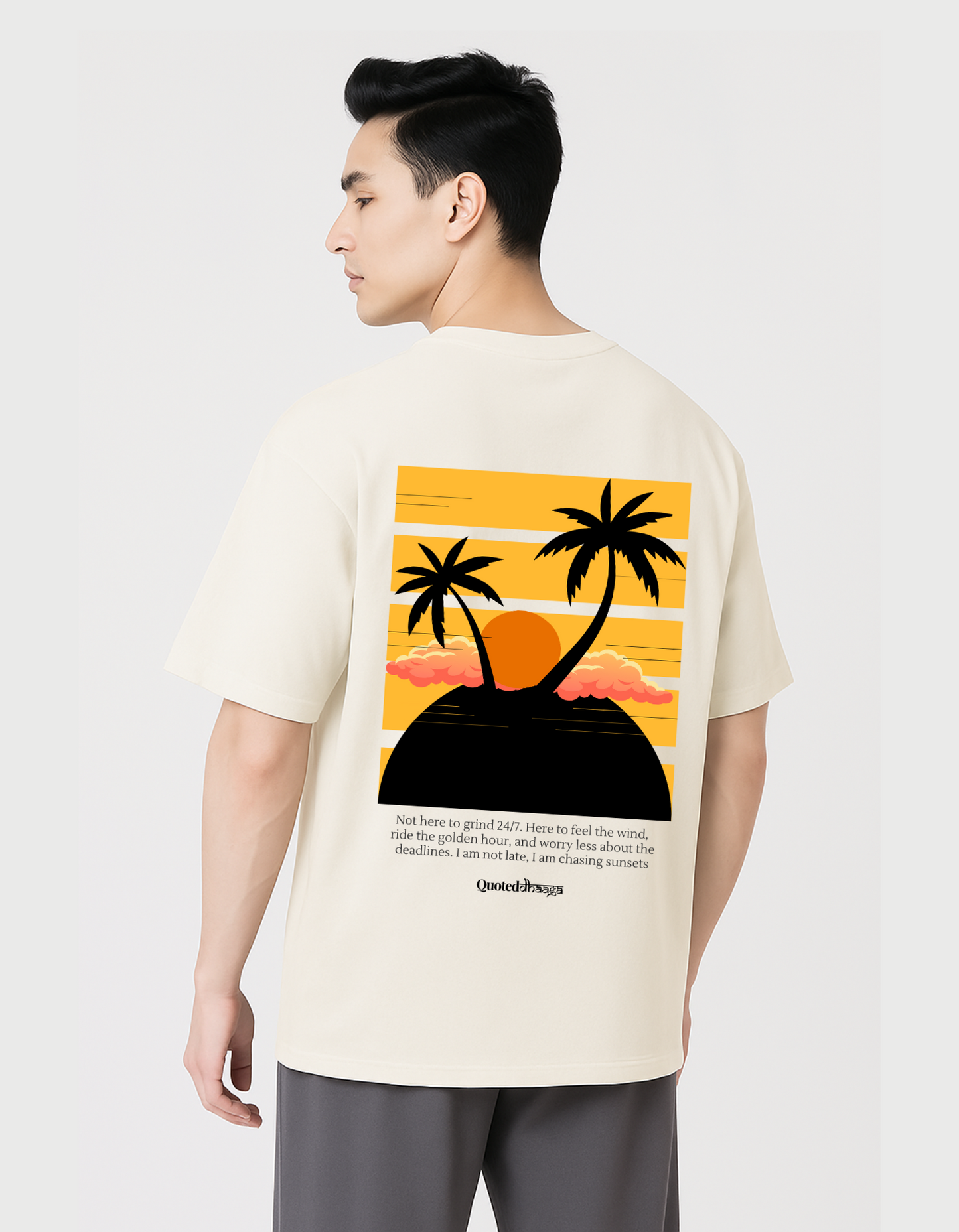 Here To Chase Sunsets, Not Deadlines - The Travel Edition Luxe Terry Cotton Round Neck Oversized T-shirt