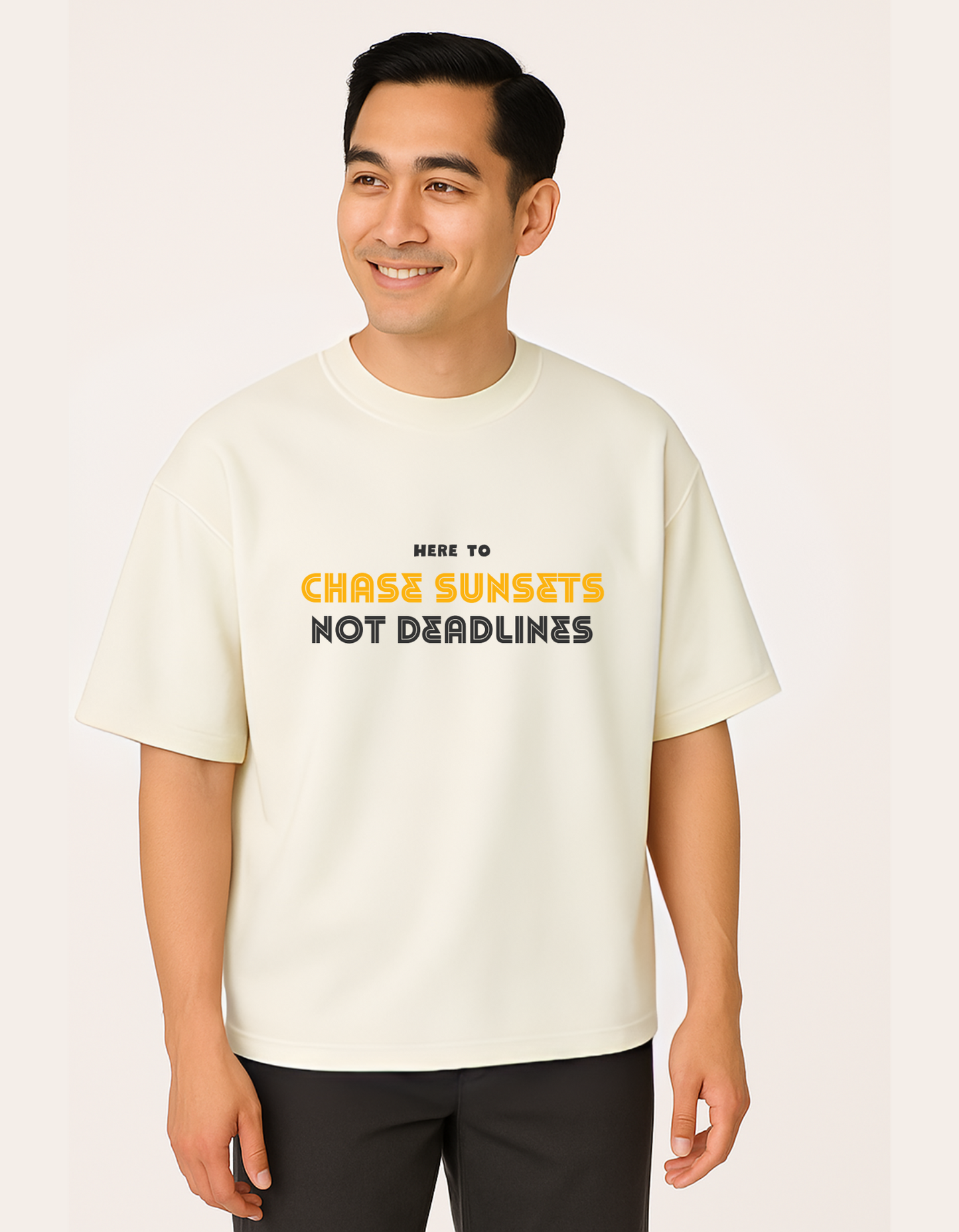 Here To Chase Sunsets, Not Deadlines - The Travel Edition Luxe Terry Cotton Round Neck Oversized T-shirt